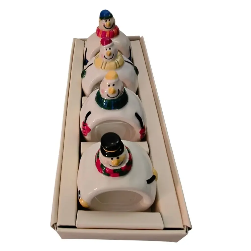Set of 4 Williams Sonoma Snowman Ceramic Napkin Rings Holiday Christmas